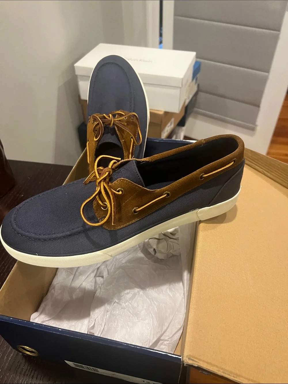Polo by Ralph Lauren Navy Canvas with Brown Suede Trim Boat Men’s Size 12M